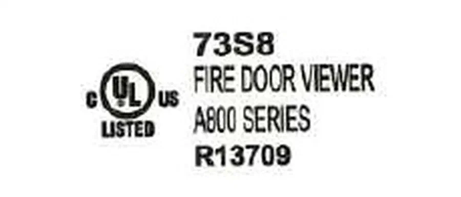 ABTI 防火门眼的 UL 标签:UL 列名标志(C、US)、FIRE DOOR VIEWER、A800 SERIES、R13709、控制号码 73S8